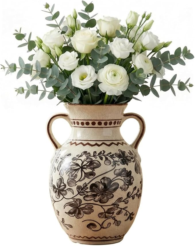 EFISPSS Ceramic Vintage Vase,Chinoiserie Rustic Farmhouse Floral Spring Decor for Home Decor Living Room Fireplace Office, Grey