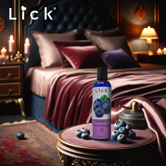 Lick Blueberry Flavored Massage Oil – Sweet Berry Edible Massage Oil with Sweet Almond Oil & Vitamin E, Lightweight Smooth Glide for Couples Massage & Play, 4 oz