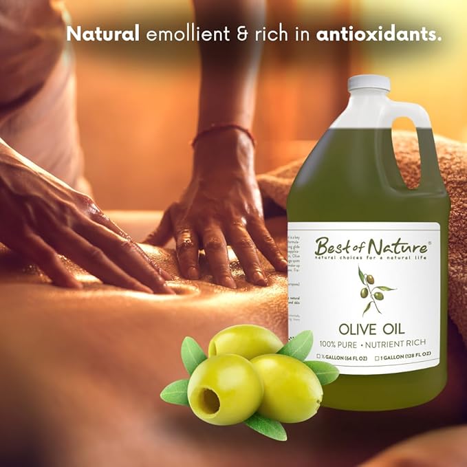 Best of Nature 100% Pure Olive Massage & Body Oil - Cold Pressed, Unscented Moisturizer for Skin & Hair, Bath Oil, Half Gallon (64 fl oz)
