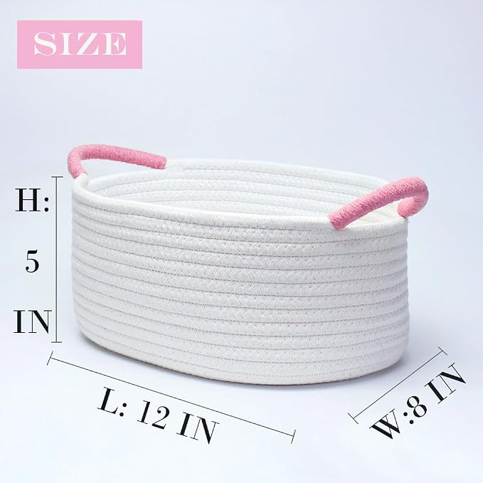 Yimi's Dream White and Pink Cotton Rope Gift Basket with Handle, 12 x 8 in | Empty Oval Woven Storage Basket for Baby Shower, Easter, Valentine's Day, Birthday, Nursery, Toy, Mom, Shelves, Home Decor