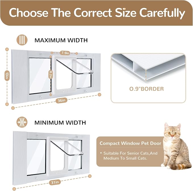 Aluminum Frame Cat Door for Window, 31"-36" Width
