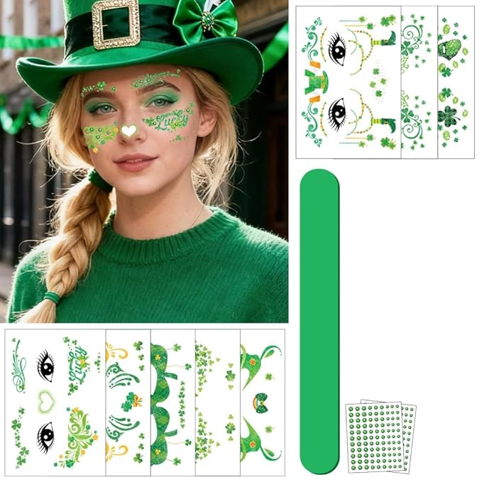 St Patricks Day Temporary Tattoos Green Leaf Blush Face Tattoos Mixed Styles Lucky Clover Shamrock Fake Tattoos Waterproof Freckles Face Tattoo Cute Makeup Stickers with Green Gems for Girls 4 Sheets