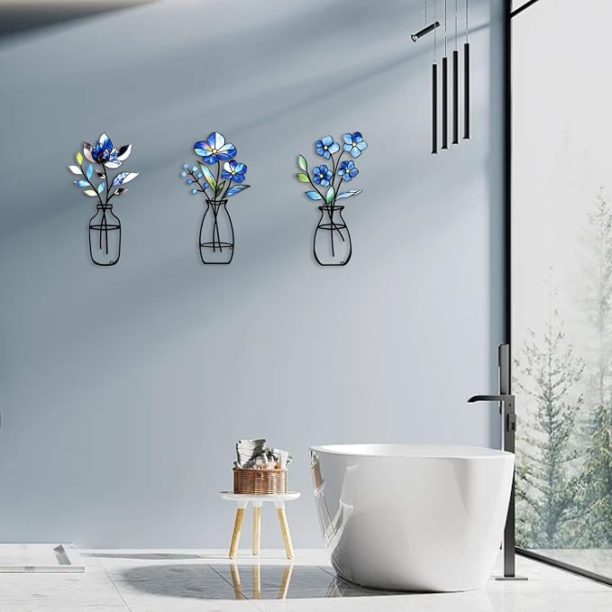 3 Pcs Metal Vase Wall Arts,Iron Art Painting,Rustic Farmhouse Decor Minimalist Flower Wall Decor for Bedroom Bathroom Living Room Dining Room(Blue, Vase-D)