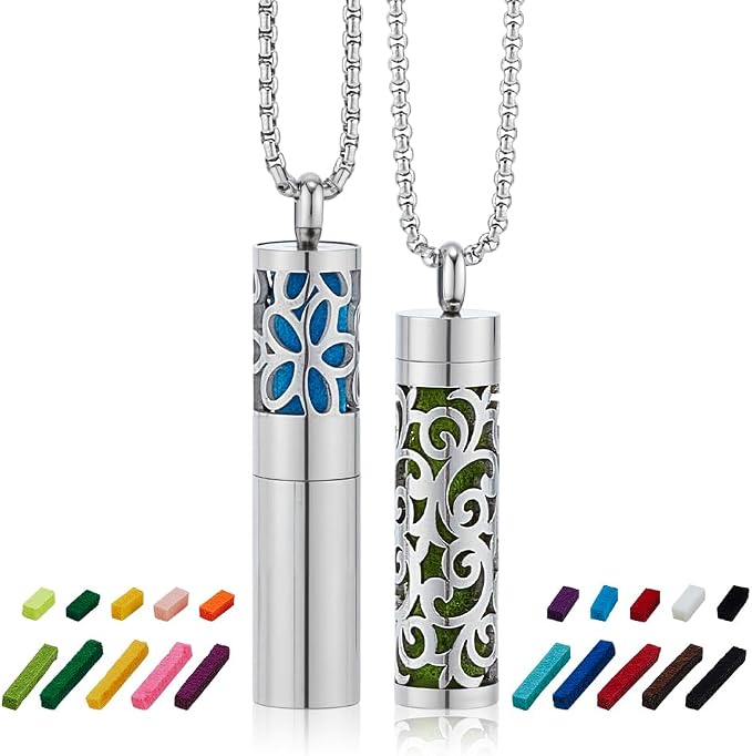PH PandaHall 2 Styles Aroma Necklaces Essential Oil Diffuser Necklace Pendant Stainless Steel Aromatherapy Pendant with 20pcs Color Felt Pads Hollow Scent Necklace for Men Women Jewelry Birthday Gift
