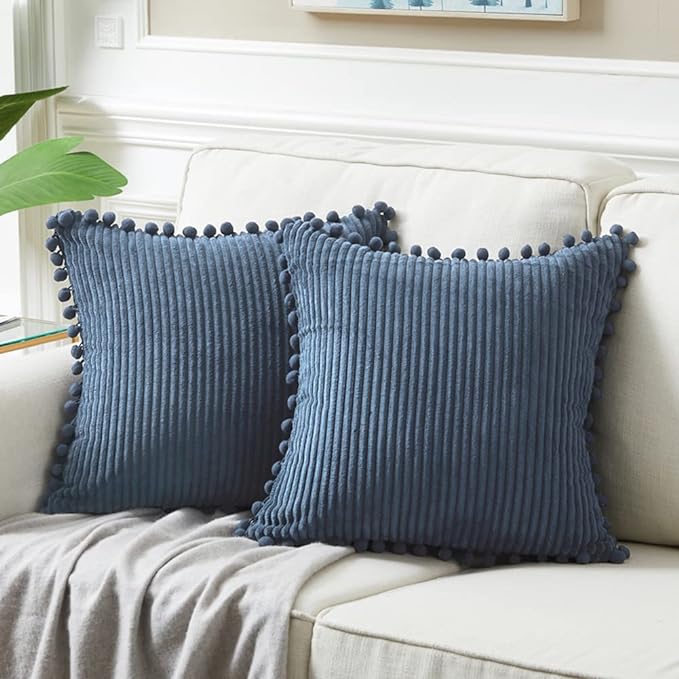 Fancy Homi Pack of 2 Dusty Blue Decorative Throw Pillow Covers 16x16 Inch with Pom-poms for Living Room Couch Bedroom, Soft Corduroy Solid Square Cushion Case 40x40 cm, Rustic Farmhouse Home Decor