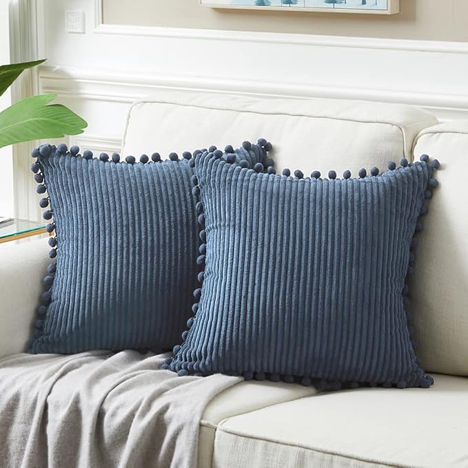 Fancy Homi Set of 2 Dusty Blue Decorative Throw Pillow Covers 12x12 Inch with Pom-poms for Couch Bed Sofa, Modern Farmhouse Boho Home Decor, Soft Plush Corduroy Cute Cushion Case 30x30 cm