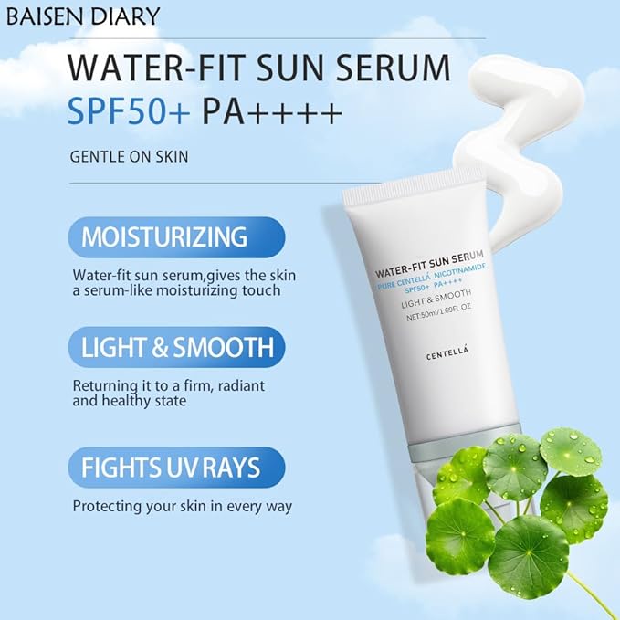 2PCS Centella Sunscreen SPF 50 PA++++, Hyalu Cica Water-Fit Sun Serum, Lightweight Sunscreen with Centella Asiatica, Hydrating & Non-Greasy Sun Protection for Sensitive Skin