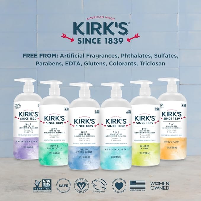 Kirk's 3-in-1 Head to Toe Nourishing Liquid Cleanser- for Men, Women & Children - Premium Coconut Oil & Aloe Vera- Non GMO & Vegan - Lavender and Vanilla - 32 Fl Oz. - 2 Pack