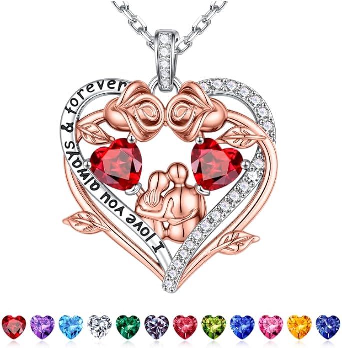 Iefil Valentines Gifts for Her Wife - 925 Sterling Silver Double Heart Birthstone Necklace, Anniversary Birthday Gifts for Women Wife Girlfriend