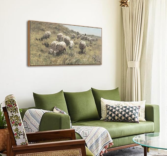Farmhouse Framed Wall Art, Vintage Sheep on the Dunes Picture, 20x40 Inch | Classic Shepherd & Flock Canvas Painting, Large Country Animal Landscape Print, Rustic Artwork for Living Room Bedroom Decor