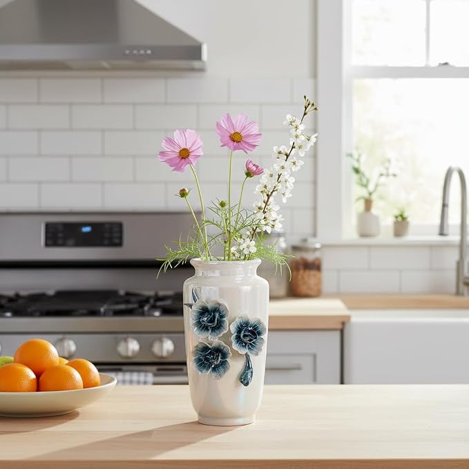 White Ceramic Vase 7 Inch - Small Modern Vase for Flowers, Boho & Farmhouse Decor for Bookshelf and Desk Decorations