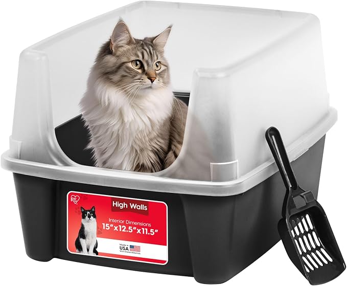 IRIS USA Large High Sided Cat Litter Box, Scatter Shield | High Kickers, Kick-Proof Sides, Extra Deep Pan, Raised Edge Protection, Keeps Floor Clean, Easy Daily Scoop
