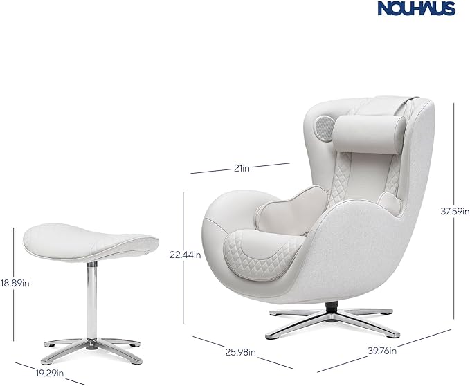 Nouhaus Classic Massage Chair with Ottoman. White Leather Lounge Chair, with Percussive & Shiatsu Chair Massager, Bluetooth Speaker and Recliner. Cozy Bedroom Chair with Spot and Full Body Massager