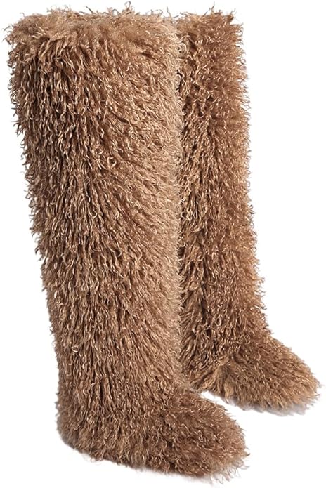 SWEETHEART BEAUTY Thigh High Shagy Teddy Fur Boots, 29 Inch Over the Knee Length Fluffy High Boots, Tall Furry Shoes For Women