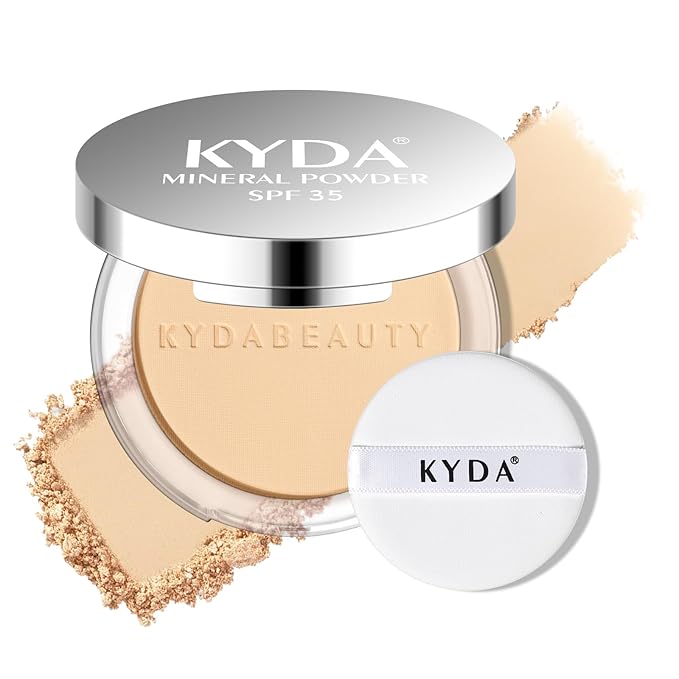 KYDA Mineral Powder, SPF 35, 4-in-1 Mineral Pressed Powder Foundation with Concealer and Setting, Matte Weightless Pressed Foundation, Light to Medium Coverage, NATURAL BEIGE