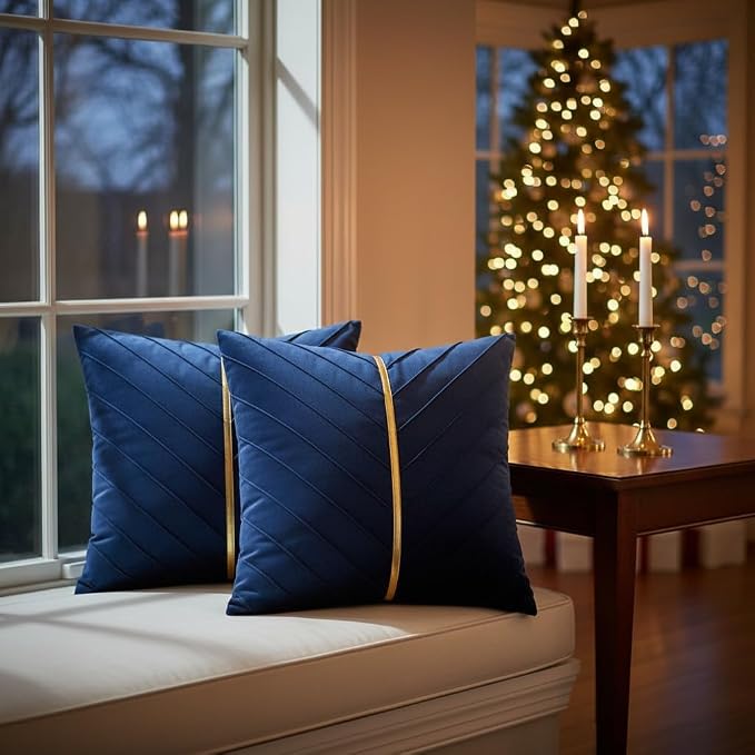 Velvet Throw Pillow Covers 16x16 Pack of 2 Gold Decor Navy Blue | Soft Solid Pillow Covers,Modern Luxury Home Decor,for Couch Chair Sofa Bedroom Livingroom,Hidden Zipper,Ideal Gift,Easy Care