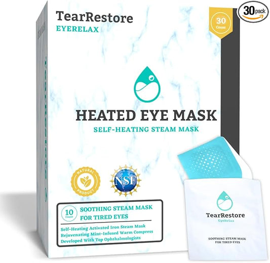 TearRestore EyeRelax Heated Eye Mask for Dry Eye & Stye Relief, Self-Heating Warm Compress with Moist Heat, Mint-Infused Steam Mask for Dry Eyes, Blepharitis Relief & Overnight Comfort (30 Count)