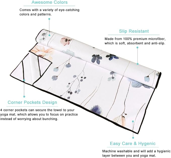 QiyI Floral Yoga Mat Towel with Corner Pockets, Non Slip Sweat Absorbent Hot Yoga Towels, Soft Yoga Blankets with Travel Bag, Mat Cover for Workout, Gym, Fitness - 70"x26", Watercolor Flowers