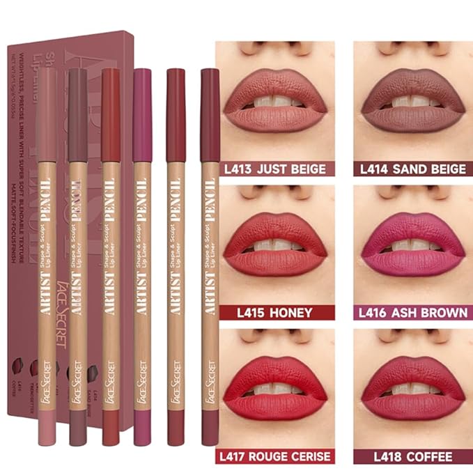Beauty Glazed 6pcs Nude Brown Lip Liner Makeup Set - Waterproof & Smudge-Proof Matte Pencil, Long-Lasting & Durable, Smooth & Easy Glide, Non-Smudge, Contouring, Filling & Layering (PINK-ROSY Set)