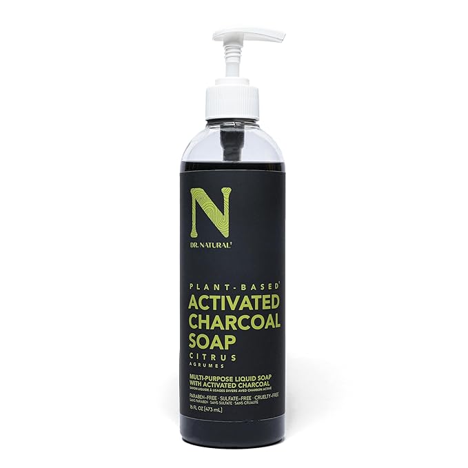 Dr. Natural Activated Charcoal Liquid Soap - Combat Acne and Blemishes - Deep Cleansing Body Wash - Gentle Body Soap for Clear Skin - Citrus - 16 oz
