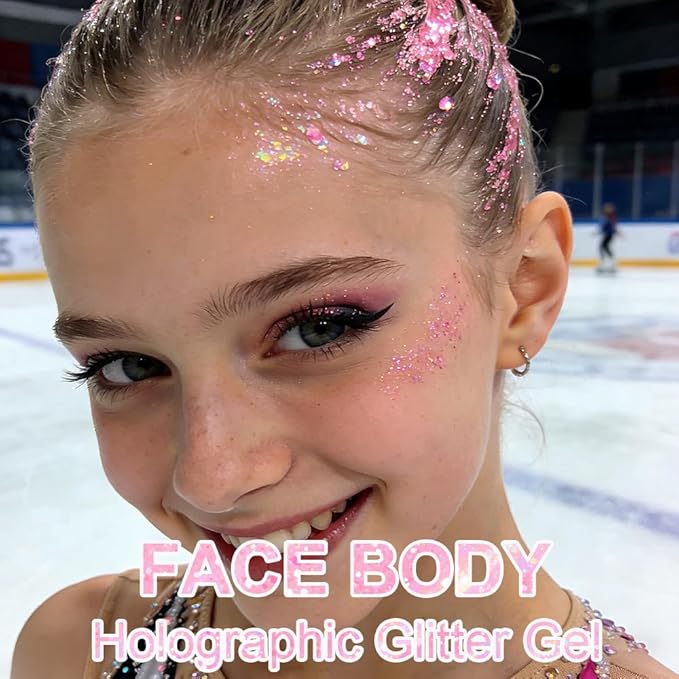 Pink Face Body Hair Glitter Gel for Women and Kids, Monochrome Holographic Mermaid Sequins Chunky Glitter Paint Makeup for Mardi Gras Halloween Festival Rave Outfits Accessories, 1.7oz, #03