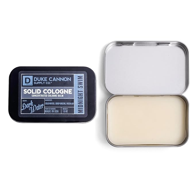 Duke Cannon Supply Co. Solid Cologne for Men Midnight Swim - Cold Water, Crisp Greens, Fresh Air - Concentrated Balm, Coconut Oil, Travel-Friendly Tin, 1.5 oz (1 unit)