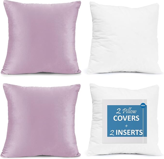 Nestl Throw Pillow Inserts Pack of 2 with Velvet Soft Solid Decorative Square Throw Pillow Covers Set for Sofa Couch Car Bedroom with 24X24 Throw Pillows Inserts with Cushion Covers, Gray Lavender