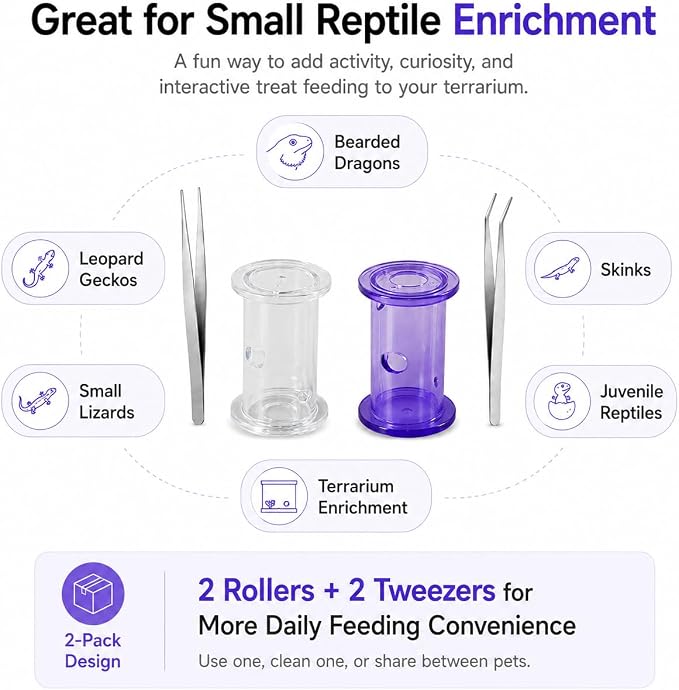 2 Pack Reptile Rolling Feeders with 2 Feeding Tweezers, Transparent Mealworm Treat Dispenser Toy for Bearded Dragons, Leopard Geckos, Lizards and Small Reptiles
