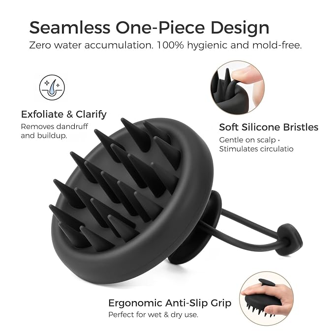 Scalp Massager Shampoo Brush, Soft Silicone Bristles Head Scrubber for Deep Cleansing, Dandruff Removal & Hair Growth, Ergonomic Exfoliator, Wet & Dry Use, Eco-Friendly Shower Brush, Black