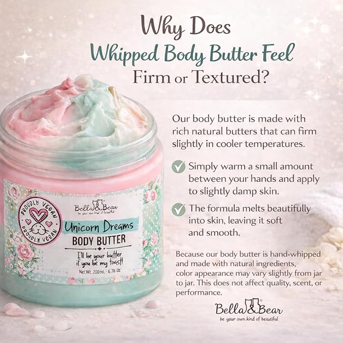 Whipped Body Butter for Women & Teens – Bella & Bear Unicorn Dreams – Hydrating & Moisturizing Cream – Vegan, Cruelty-Free – Mango, Pineapple & Vanilla