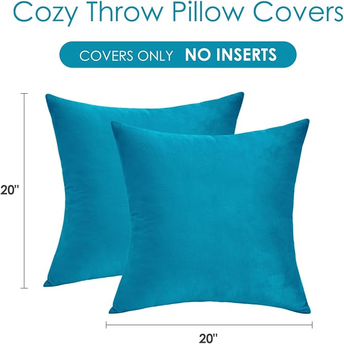 Throw Pillow Covers Decorative Velvet Set of 2 20x20 Inch Pillow Covers, Soft Teal Pillowcases for Couch Sofa Bed Living Room, Farmhouse Home Boho Decor, Square Accent Cushion Covers