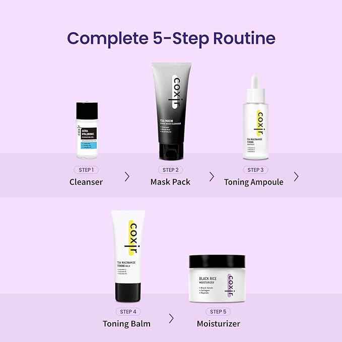[New Years Gift Set] coxir K-Beauty Seoul Glow Set – 5-Step Korean Skincare Routine with TXA & Black Rice – Cleansing oil, Mask Cleanser, Ampoule, Balm & Moisturizer,korean skincare,Holiday Gift