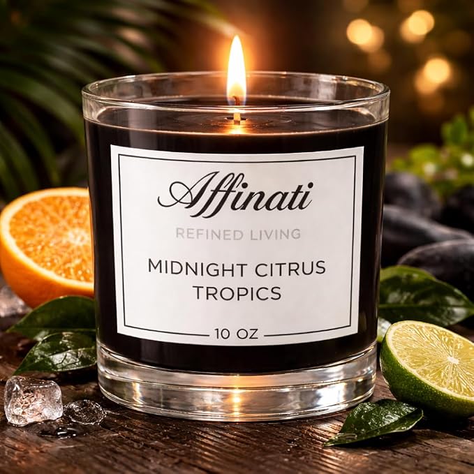 Midnight Citrus Tropics Affinati 10 oz Scented Candle for Home – Long Lasting Fruity Soy Blend Candle with Wooden Wick, Strong Scent Throw Glass Jar Candles, Premium Clean Burning Aromatherapy Gifts