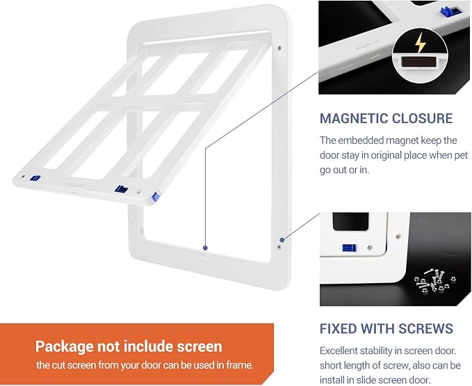Dog Door for Screen Door, Small Pet Door for Small Dogs Cats, 8.3" x 10.3" Magnetic Flap with Lockable Insert, Sliding Screen Door Compatible, White S