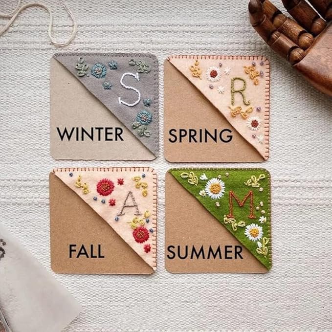 MOTEERLLU Personalized Hand Embroidered Corner Bookmark,Felt Triangle Page Stitched Handmade Bookmark,Unique Cute Flower Letter Embroidery Bookmarks Accessories for Book Lovers(Winter-e)