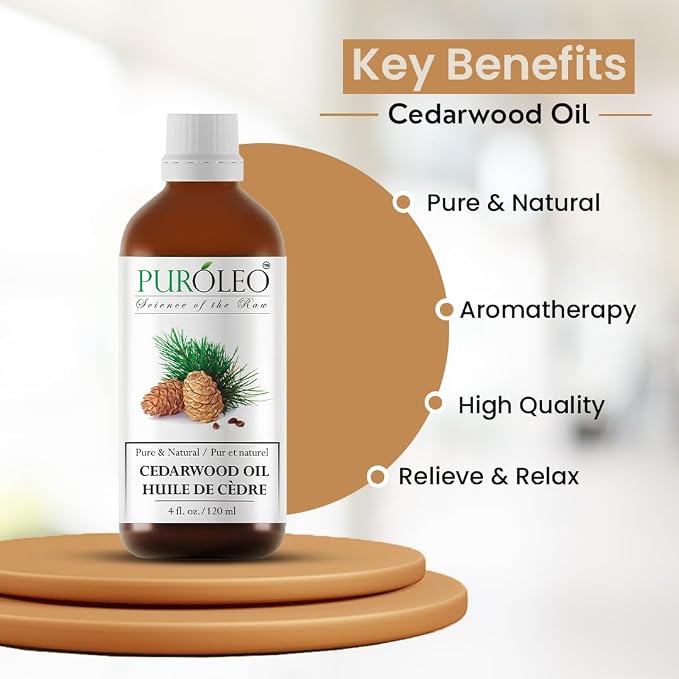 PUROLEO Cedarwood Essential Oil 4 Fl Oz/120 ML (Packed in Canada) 100% Pure & Natural Cedarwood Oil for Aromatherapy, Relaxation, and Skin Care - Cedarwood Oil for Diffuser