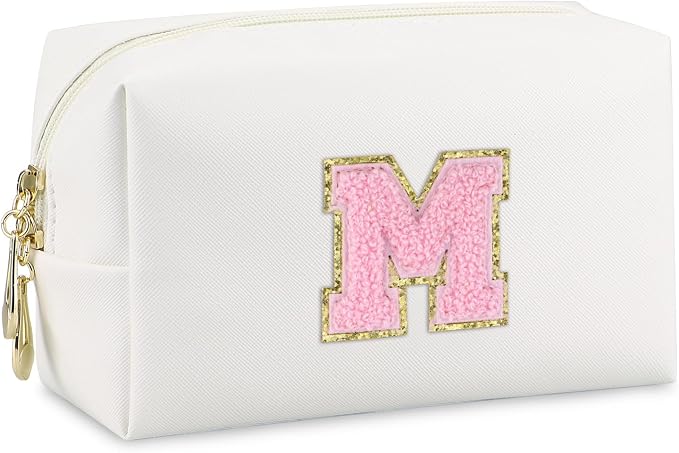 Initial Makeup Bag, Personalized Preppy Letter Monogram Cosmetic Bag | Waterproof PU Material, Compact Size, Large Capacity 7.09 x 2.95 x 3.94 in, Surprise Gift for Daughters and Teens
