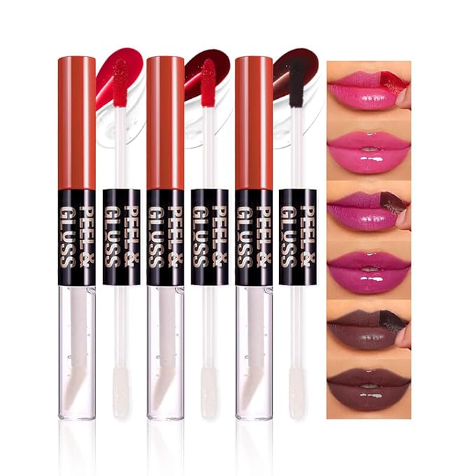 3Pcs Peel Off Lip Gloss Tattoo and Lip Oil, Lip Stain Peel Off Masque - Peel Off Lip Tint ,Long Lasting Waterproof Transfer-proof Lip Mask Lip Gloss Peel Off Lip Liner,Stay Lip Makeup 03#+05#+07#