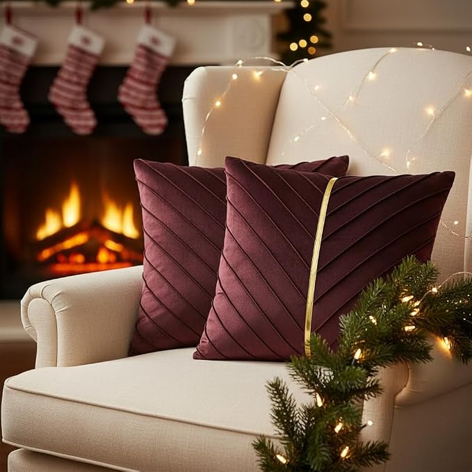 Velvet Throw Pillow Covers 22x22 inch Pack of 2 Gold Decor Burgundy | Soft Solid Pillow Covers,Modern Luxury Home Decor,for Couch Chair Sofa Bedroom Livingroom,Hidden Zipper,Ideal Gift,Easy Care