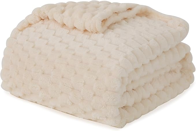 Puncuntex Cream White Throw Blanket 90"×90" Fuzzy 3D Jacquard Decorative | Flannel Fleece Super Soft Plush Cozy Blanket for Couch Sofa Chair Lightweight