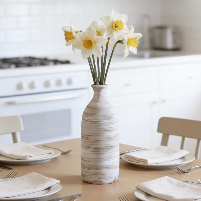 ALMA 10" Small White Ceramic Vase, Boho Flower Vases for Pampas Grass | Decorative Centerpieces with a Narrow Neck, Featuring Modern Coastal Style for Tabletops, Housewarming, Birthday Gift