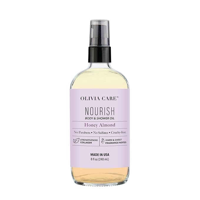Olivia Care Body & Shower Oil – Vegan Hydrating Body Oil for Soft, Smooth Skin | Moisturizing Shower Oil with Collagen Support | Honey Almond Warm Sweet Fragrance