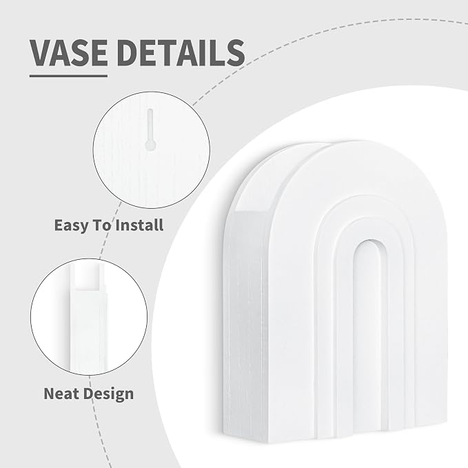 2 Pack White Wooden Wall Vase for Pampas Grass and Dried Flowers | Wall vases for faux flowers and greenery; boho bathroom wall decor for hallway, entryway, bedroom or living room