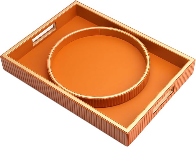 Leather Tray Desktop Storage Organizer, Decorative Tray Set, Orange | Premium Serving Trays Valet Tray for Sundries Cosmetics Phone Wallet Cutlery, Set of 2, Orange Holder with Disc