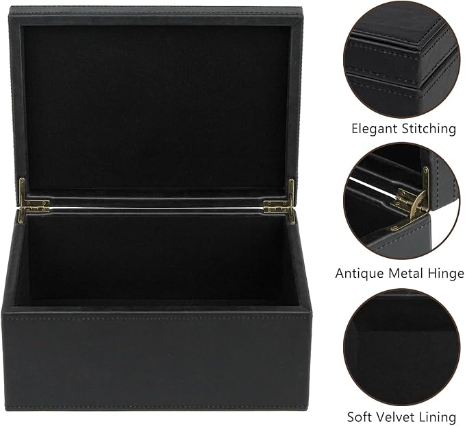 HofferRuffer Faux Leather Decorative Box, Large Wooden Structure Keepsake Box Accessory Organizer Jewelry Organizer with Hinged Lid, Storage Container for Home or Office (Black)