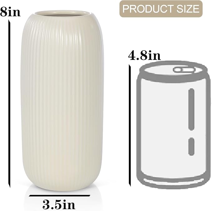 Ceramic Vase for Flowers – Modern Small Ribbed Textured Flower Vase for Home Decor, Pampas Grass, Decorative, Farmhouse, Coffee Table, Kitchen Centerpieces, Bookshelf and Home Living (Beige)
