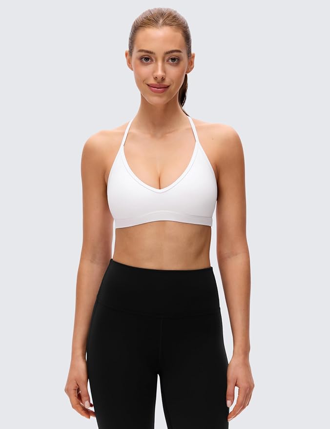 CRZ YOGA Butterluxe Soft Double Lined T-Back Sports Bras for Women - V Neck Adjustable Strap Yoga Crop Top Casual Non Padded