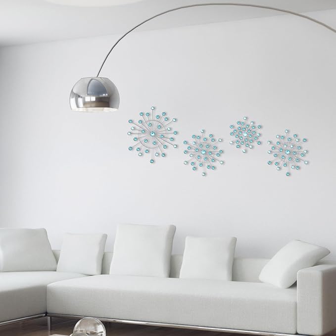 Blulu 4 Pcs Metal Wall Decor Bling Crystal Wall Art Cast Iron Rhinestones Sunburst Decor Starburst Art Hanging Diamond Accents Home Decorative for Living Room Bedroom Entryway (Blue)