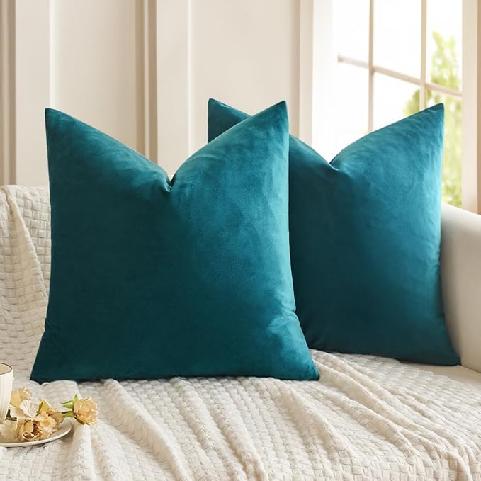 MIULEE 24x24 Inch Pack of 2 Euro Velvet Throw Pillow Covers Teal | Soft Solid Decorative Euro Sham, Modern Luxury Home Decor, for King Bed Sofa Couch Bedroom Livingroom