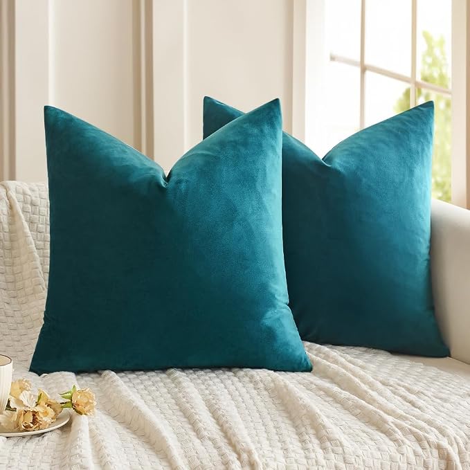 MIULEE Velvet Throw Pillow Covers 20x20 Inch Pack of 2 Teal | Soft Solid Decorative Pillow Covers, Modern Luxury Home Decor, for Couch Chair Sofa Bedroom Livingroom